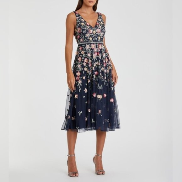 Mac Duggal 5527‎ Womens Size 6 Navy Blue V-Neck Floral Beaded A-Line Midi Dress - Picture 4 of 6